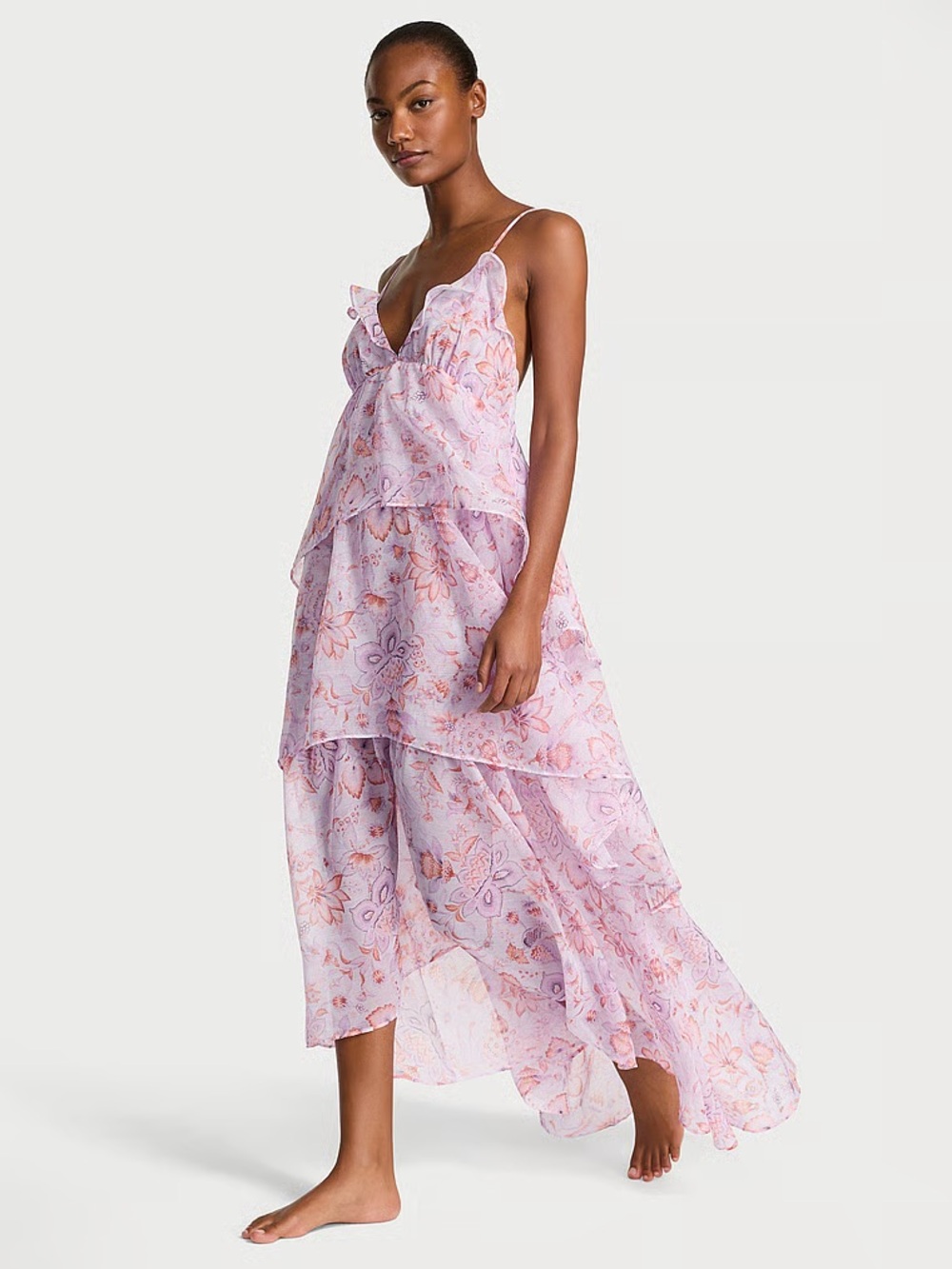 Victoria's Secret Vintage Blossom Chiffon Tier Pink Floral Ruffle Maxi Dress XL